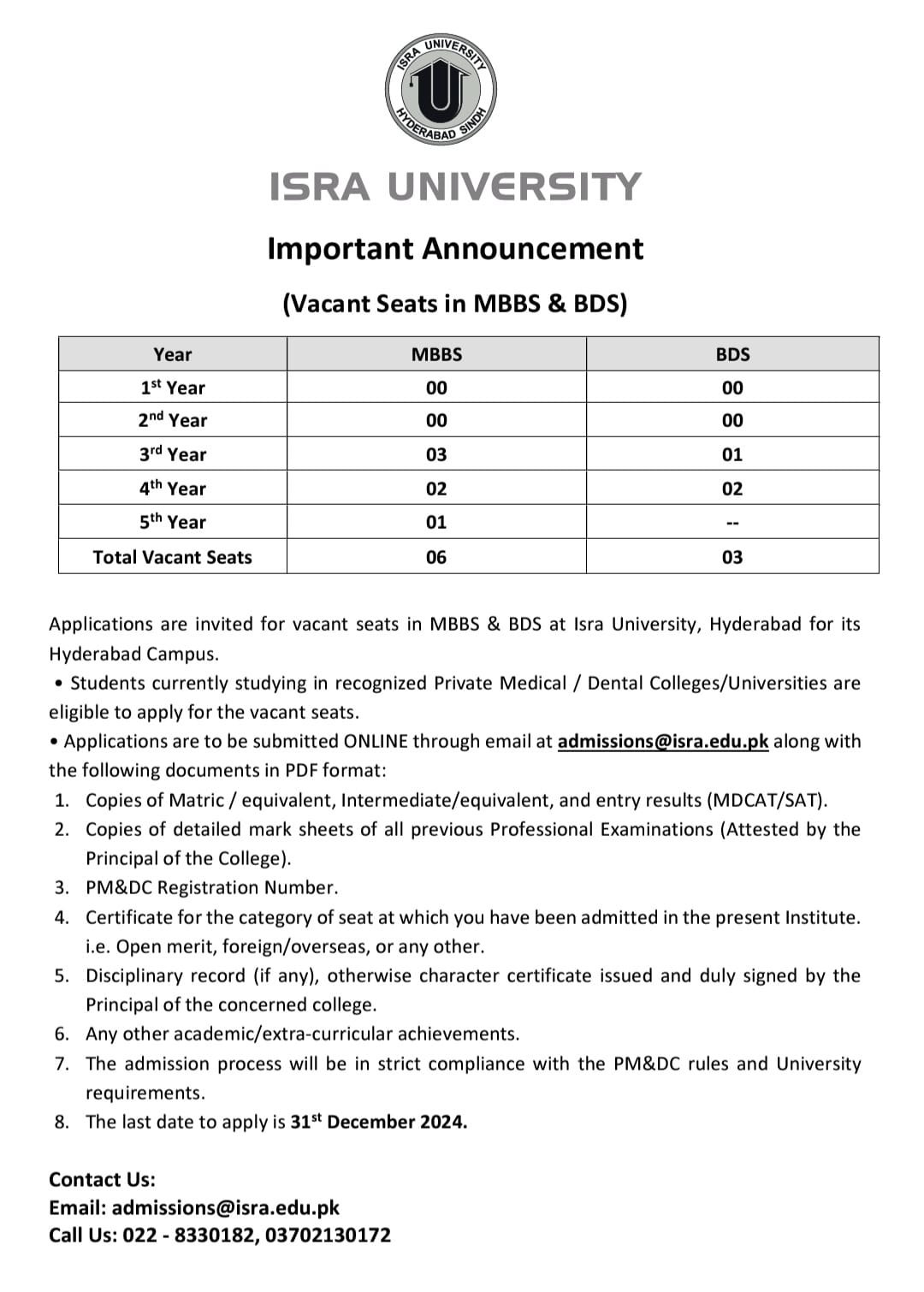 Applications are invited against vacant seats in MBBS and BDS Programs at Isra University Hyderabad